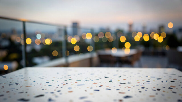 Terrazzo Tabletop With Embedded Marble Flecks on Modern Penthouse Balcony Bar with Glass Railings Lu
