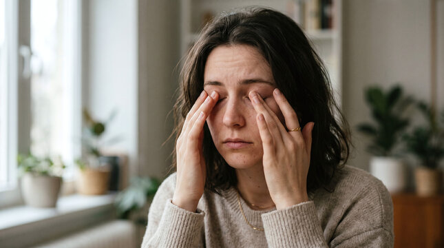 Tired Woman Rubbing Eyes at Home