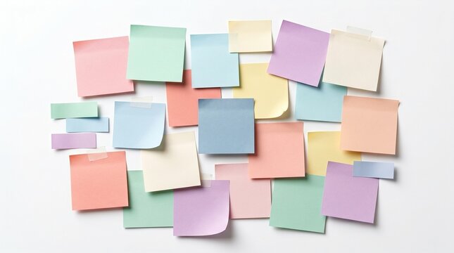 A collection of colorful sticky notes scattered on a white surface
