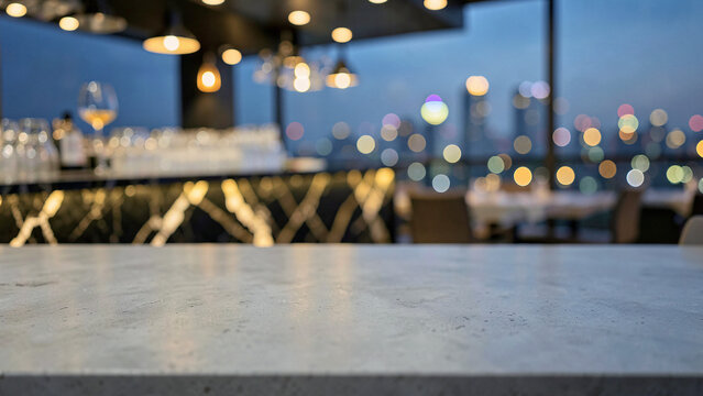 Honed Grey Concrete Table Surface on Sophisticated Open Air Rooftop Bar with Backlit Onyx Counter Lu