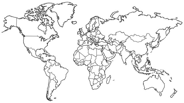 Detailed political world map showing all international country borders with thin black lines and clear continental shapes isolated against a clean white and on transparent background