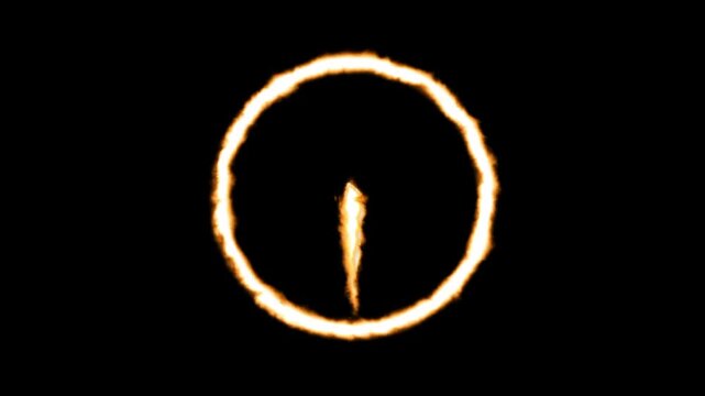 A minimalist clock face outline drawn in warm golden fire glow on a dark background representing time or countdown with a burning concept