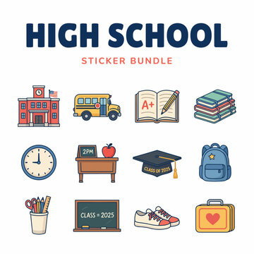 High School Student Backpack Icon Set.