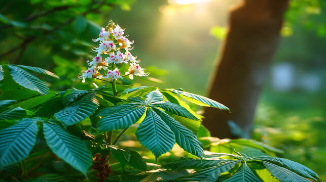Blooming horse chestnut tree flowers in sunlight with chestnut sunlight blooming outdoors
