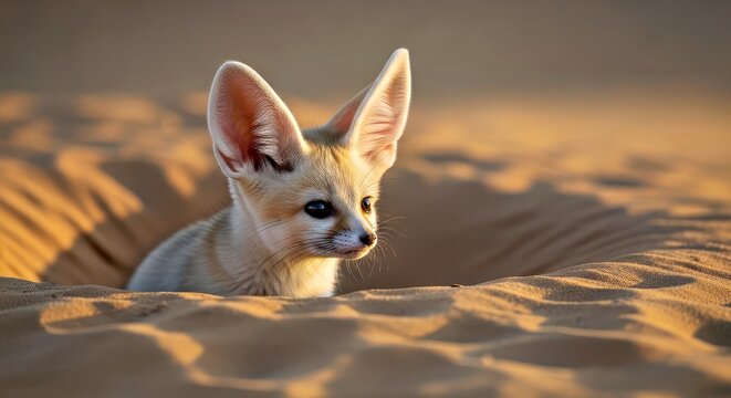 Fennec Fox Peeking Out From Sandy Desert Dunes at Golden Hour