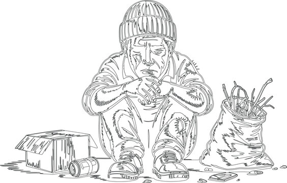 Depressed homeless man sits on ground with meager possessions in a desperate situation