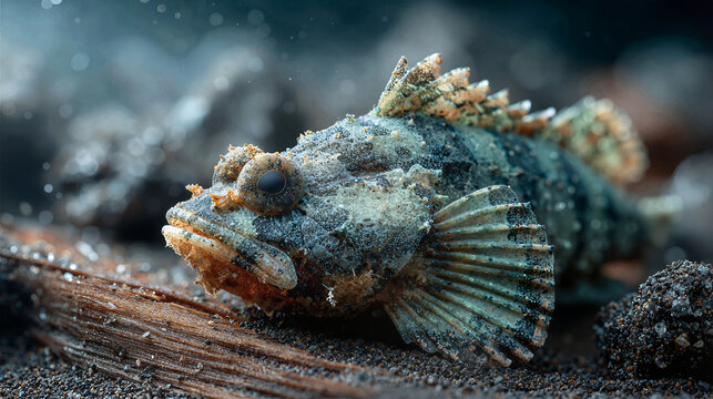 Stonefish displays incredible camouflage on sandy seabed with driftwood