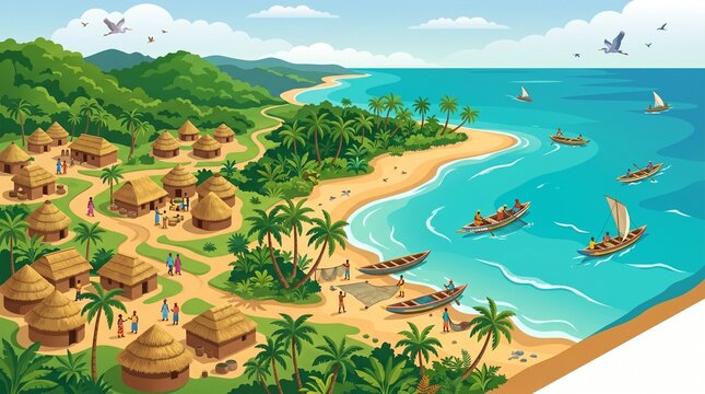 West African Coastal Landscape Sandy Beach Palm Trees Fishing Pirogues Turquoise Water Village Tropical Scenic