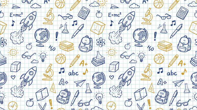 Seamless education doodle pattern featuring books, pencils, globes, notebooks, apples, graduation cap and other school icons in blue and orange
