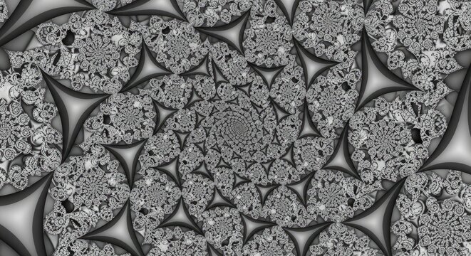 Abstract monochromatic spiral fractal pattern with intricate geometric shapes