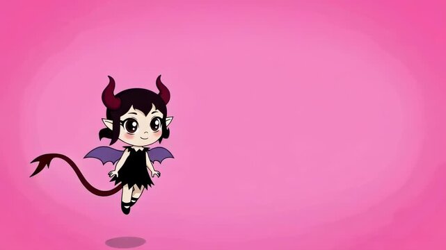 Cute chibi devil girl with horns, bat wings, and a tail, wearing a black dress, floating against a vibrant pink background.