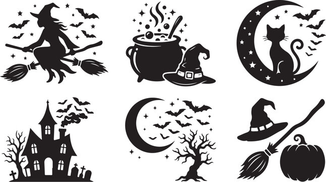 Halloween icons, black silhouette set, 6 spooky symbols, vector graphics