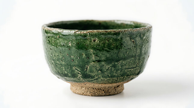 Rustic green ceramic tea bowl isolated on a white background, handmade pottery