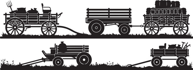 Obraz premium Vintage farm wagons, rustic carts, agricultural vehicles, black silhouette illustrations, 2D vector graphics