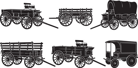 Obraz premium Vintage wagon, old cart, black silhouette, vector illustrations, transportation icons, 5 elements
