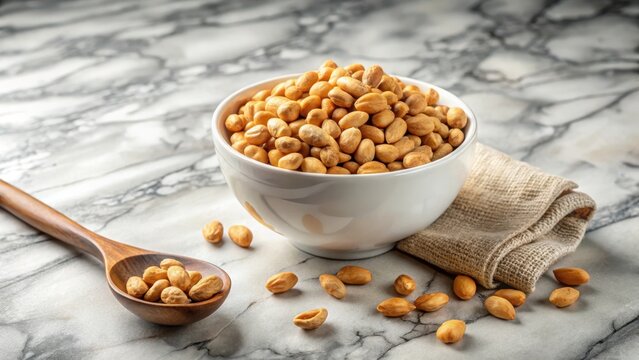 Roasted peanuts in white bowl with wooden spoon on marble table background