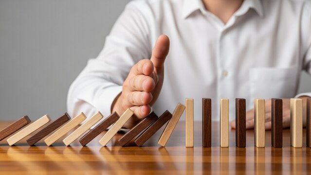 Proactive hand halts a domino effect, symbolizing crucial risk management, crisis prevention, and strategic business control to ensure stability