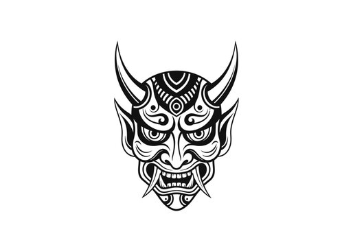 Intricate oni mask illustration in black and white isolated on white