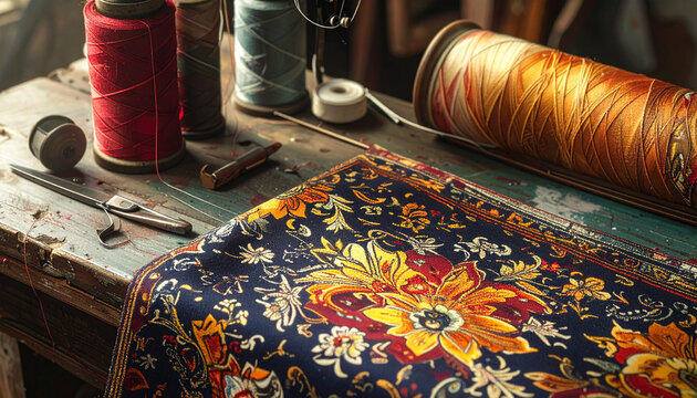Close up of needlework tools and fabric with intricate floral patterns