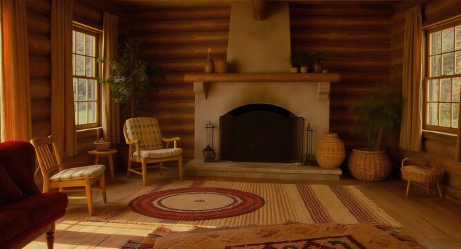 Cozy log cabin interior with fireplace