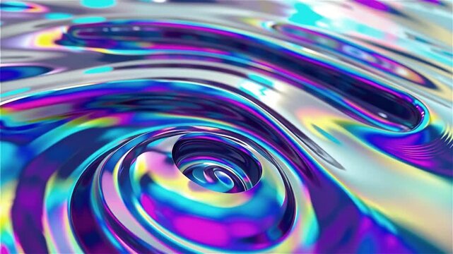 Iridescent liquid surface with swirling colorful patterns and reflections, fluid motion.