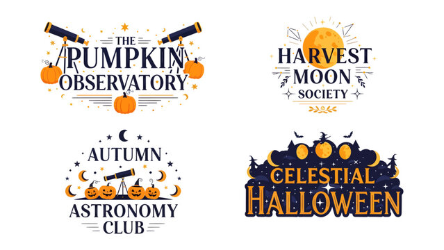 Set of Autumn and Halloween themed astronomy logos with celestial elements