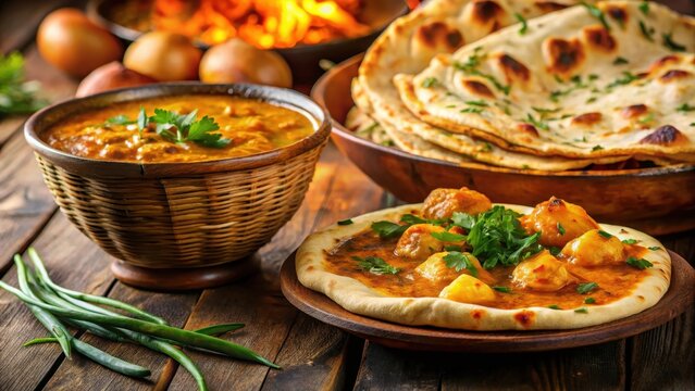 Delicious naan bread with indian curry in background