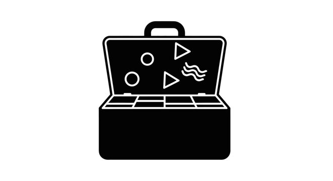 Black and white vector illustration of an open tool box icon.