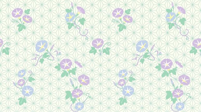 Seamless pattern with morning glory flowers and hemp leaf geometric shapes on light base.