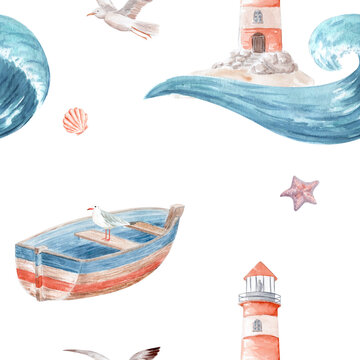 Watercolor rowboat, lighthouse, ocean waves, seagull, starfish, seashell seamless pattern. Hand painted nautical design in soft blue, coral tones for wallpaper, fabric, textiles, beach house decor