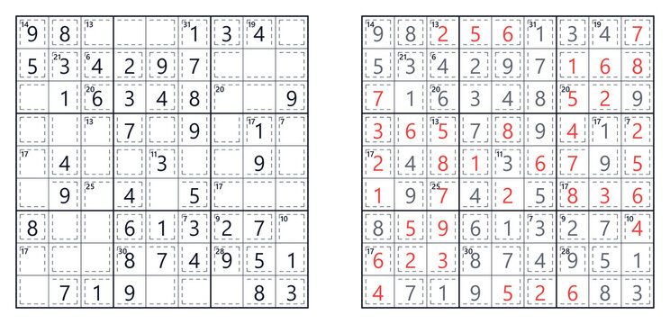 Completed killer Sudoku puzzle with red solution numbers
