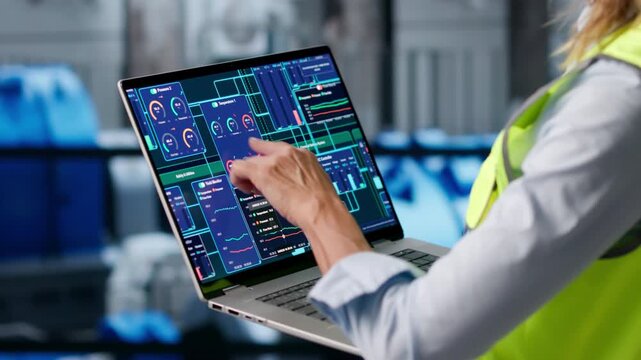 Engineer Carefully Inspects Power Plant Engine Using Laptop