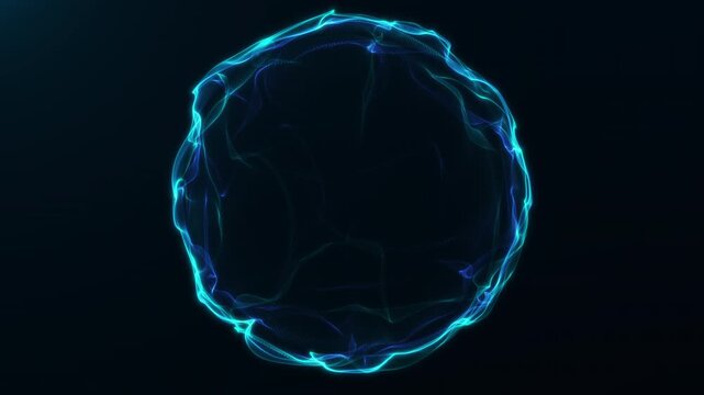 Electric blue plasma orb formed by flowing luminous membranes on a black background, suited for energy research, neural systems, data networks, and science visuals.