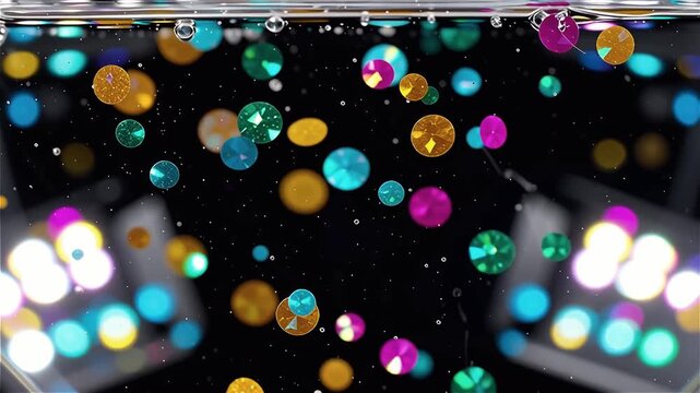 Colorful rhinestones floating and spinning in liquid, creating a dynamic and vibrant abstract motion background.