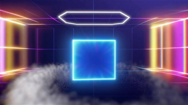 Abstract futuristic animation with neon cube and glowing smoke effect on digital grid motion background.