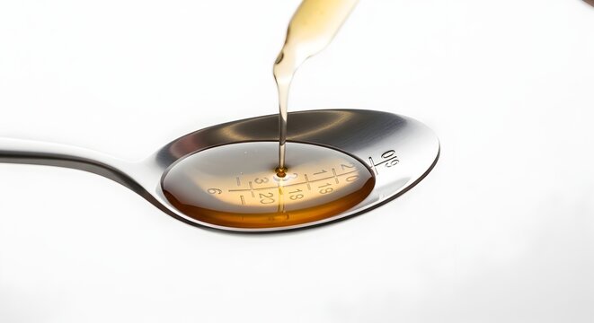 Pouring golden liquid syrup into measuring spoon on white background