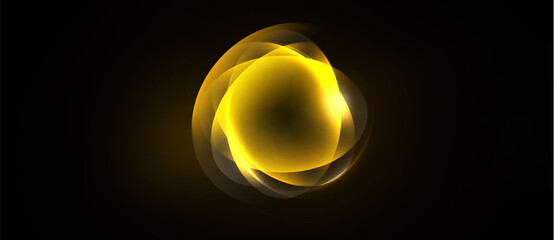 Bright golden light swirls, forming abstract circular shape against dark background. Soft glow radiates outward, creating dynamic visual effect. © antishock