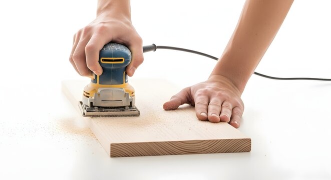Hand sanding wooden plank with electric sander on bright workbench