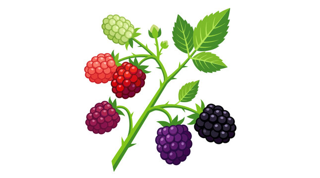 Blackberry and Raspberry Branch with Fruits in Different Ripeness Stages