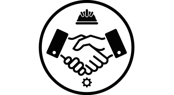 Icon of handshake with construction helmet and gear symbol.
