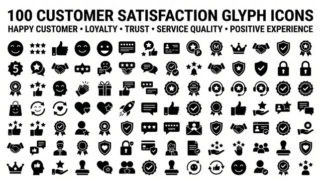100 customer satisfaction glyph icons for trust and service quality