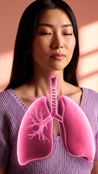 Woman practices mindful breathing while a glowing pink lung illustration overlays her chest in a soft, sunlit room.