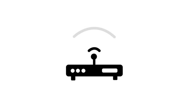 White  WiFi router icon with animated glowing wireless signal waves on a clean black  background. Digital broadband internet modem animation showing stable network connectivity in seamless.