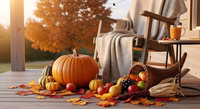 Cozy thanksgiving porch with pumpkins fruits and autumn leaves in usa
