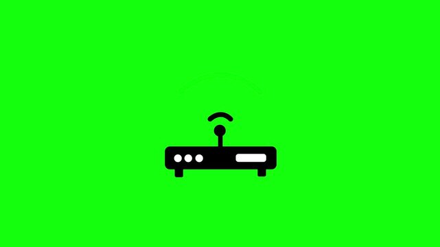 black   WiFi router icon with animated glowing wireless signal waves on a clean green   background. Digital broadband internet modem animation showing stable network connectivity in seamless.