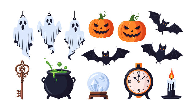 Halloween Elements Collection: A festive assortment of classic Halloween symbols, including ghosts, jack-o'-lanterns, bats, a witch's cauldron, a crystal ball, an antique key, a vintage clock.