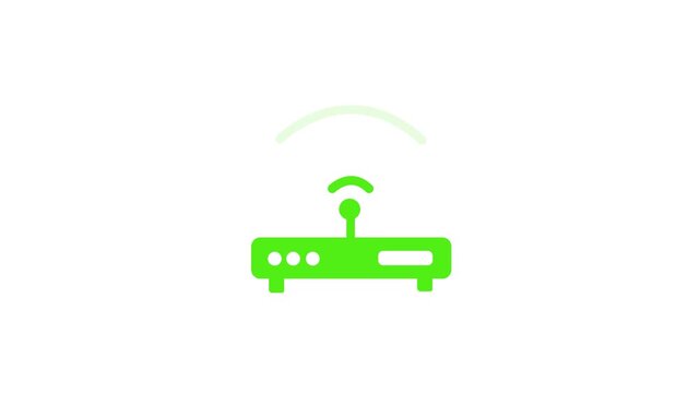 Green   WiFi router icon with animated glowing wireless signal waves on a clean white  background. Digital broadband internet modem animation showing stable network connectivity in seamless.
