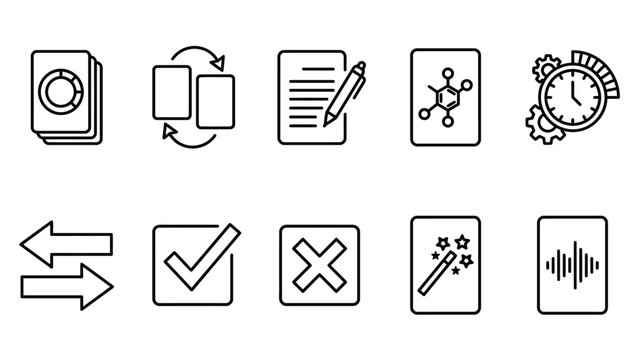 Line icons for study materials, document processing, decision making, and creative tools.