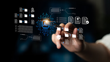 Fototapeta premium A close-up view of a hand interacting with a digital interface representing artificial intelligence, focusing on various file icons and data management elements in a futuristic environment. Cyphers