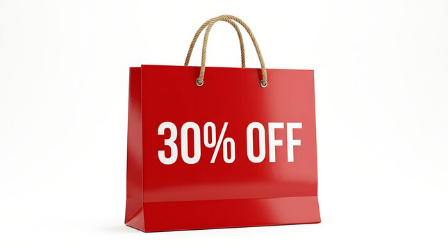 Red shopping bag with 30% off discount isolated on white background